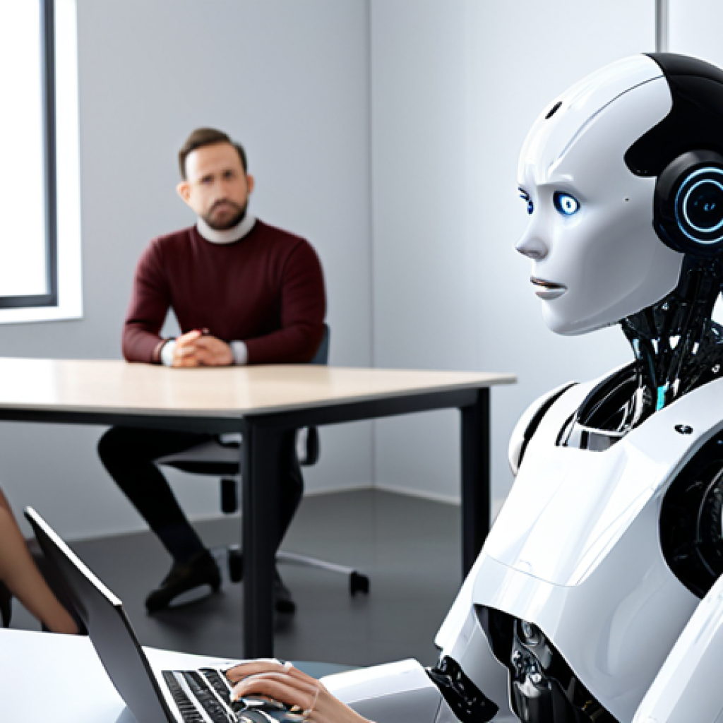 **A robot counselor in a modern, minimalist office setting, attentively listening to a diverse group of people.** (Focus: accessibility, technology, and broad appeal of AI mental health support)
