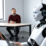 **A robot counselor in a modern, minimalist office setting, attentively listening to a diverse group of people.** (Focus: accessibility, technology, and broad appeal of AI mental health support)