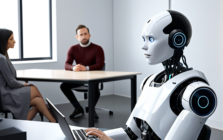 **A robot counselor in a modern, minimalist office setting, attentively listening to a diverse group of people.** (Focus: accessibility, technology, and broad appeal of AI mental health support)