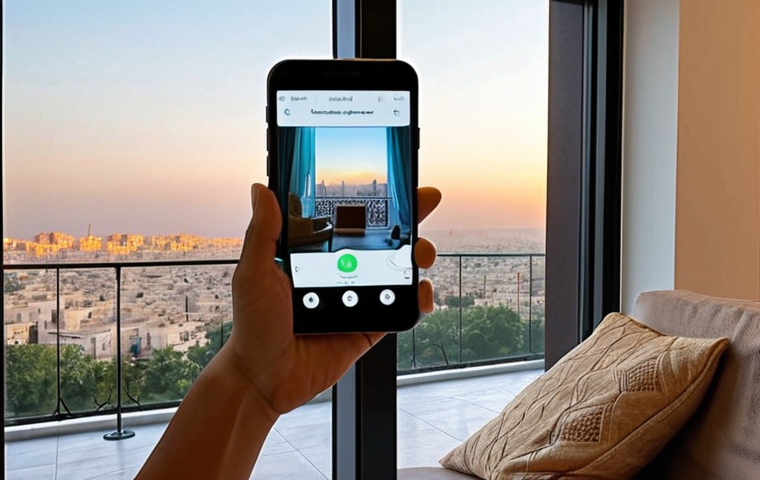 A person, visibly relaxed, engaging with a mental health AI app on their smartphone. The setting is a serene space, perhaps a modern living room with subtle Islamic geometric patterns in the decor or a quiet balcony overlooking a soft-lit, contemporary Arab cityscape. The AI interface on the phone screen emits a gentle, calming glow, symbolizing accessible 24/7 support. The overall mood is hopeful and private, emphasizing relief and easy access to mental wellness support from anywhere.