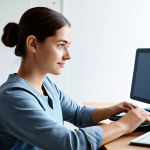 A focused young adult, fully clothed in modest, comfortable attire, sitting at a modern desk in a well-lit home office, engaging with a tablet. The setting is clean and minimalist, suggesting ease of access to digital tools. Soft, ambient light highlights a calm and thoughtful expression on their face. The overall mood is serene and productive, emphasizing the convenience and privacy of remote support. Perfect anatomy, correct proportions, natural pose, well-formed hands, proper finger count, natural body proportions, safe for work, appropriate content, professional photography, high quality.