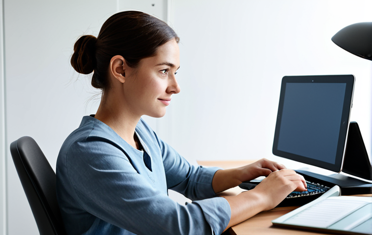 A focused young adult, fully clothed in modest, comfortable attire, sitting at a modern desk in a well-lit home office, engaging with a tablet. The setting is clean and minimalist, suggesting ease of access to digital tools. Soft, ambient light highlights a calm and thoughtful expression on their face. The overall mood is serene and productive, emphasizing the convenience and privacy of remote support. Perfect anatomy, correct proportions, natural pose, well-formed hands, proper finger count, natural body proportions, safe for work, appropriate content, professional photography, high quality.