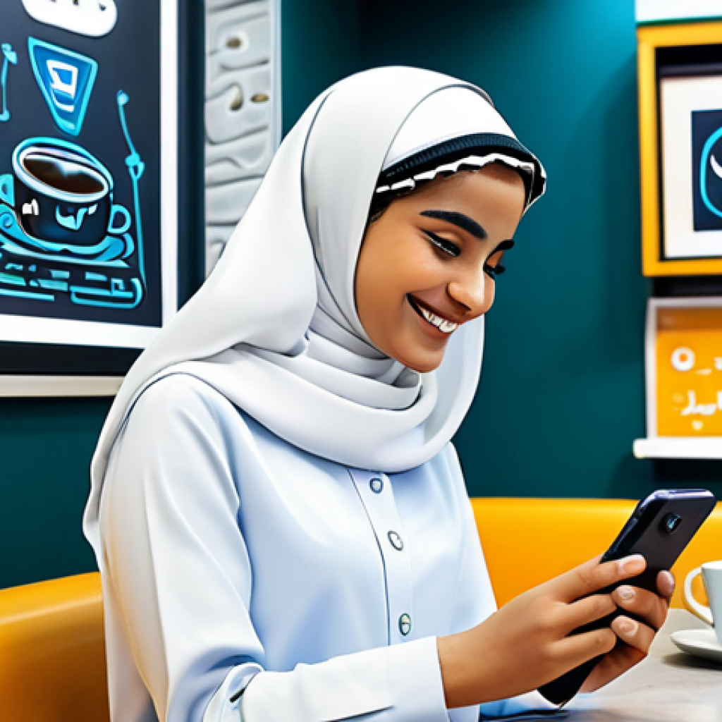 ** "A young Arab woman, fully clothed in modest, professional attire, comfortably interacts with a friendly, cartoon-style AI mental health chatbot on her smartphone in a brightly lit, modern coffee shop in Riyadh, Saudi Arabia. She is smiling slightly. The scene is safe for work, appropriate content, family-friendly. Perfect anatomy, natural proportions, well-formed hands. Digital art, high quality, professional illustration." **