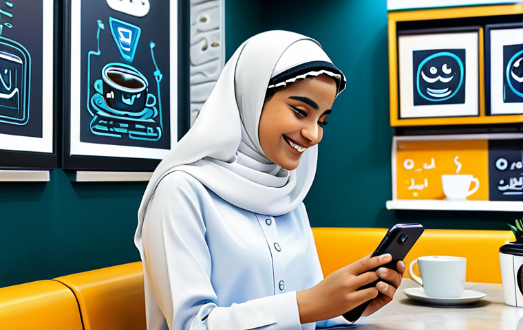 ** "A young Arab woman, fully clothed in modest, professional attire, comfortably interacts with a friendly, cartoon-style AI mental health chatbot on her smartphone in a brightly lit, modern coffee shop in Riyadh, Saudi Arabia. She is smiling slightly. The scene is safe for work, appropriate content, family-friendly. Perfect anatomy, natural proportions, well-formed hands. Digital art, high quality, professional illustration." **