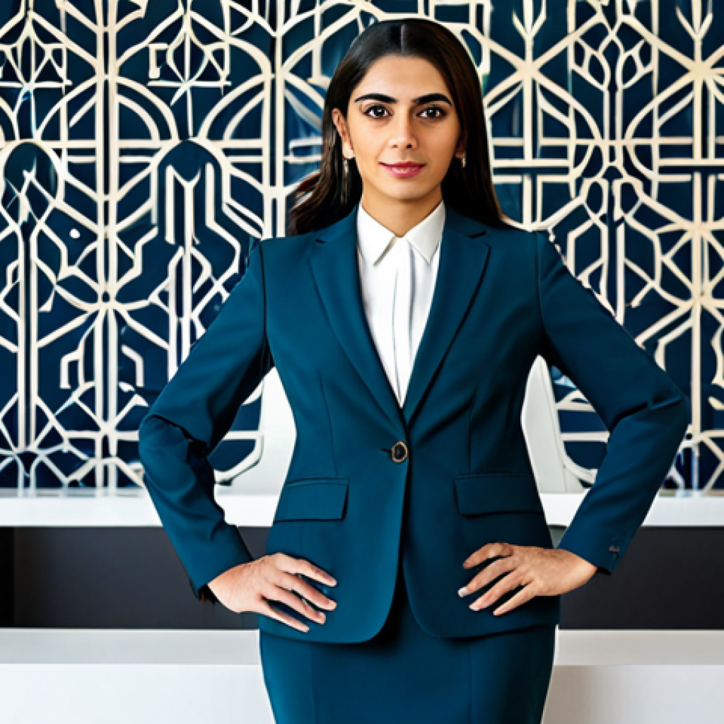 ** "A professional Arab woman in a modest, tailored business suit, standing confidently in a modern office with a background featuring subtle Islamic geometric patterns, fully clothed, appropriate attire, safe for work, perfect anatomy, natural proportions, professional photography, high quality, family-friendly." **