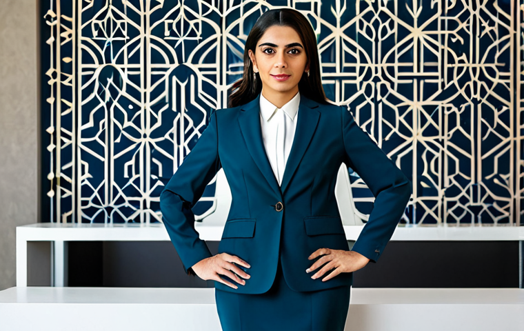 ** "A professional Arab woman in a modest, tailored business suit, standing confidently in a modern office with a background featuring subtle Islamic geometric patterns, fully clothed, appropriate attire, safe for work, perfect anatomy, natural proportions, professional photography, high quality, family-friendly." **