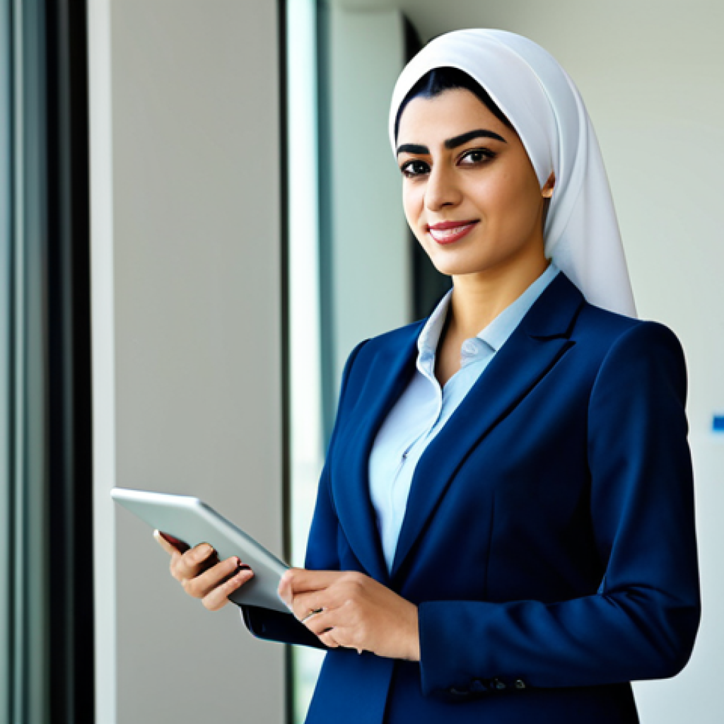 Modern Arab Businesswoman** "A confident Arab businesswoman in a tailored, modest business suit, standing in a bright, modern office in Dubai, United Arab Emirates, holding a tablet. Fully clothed, professional dress, safe for work, perfect anatomy, natural pose, professional photography, high quality." **