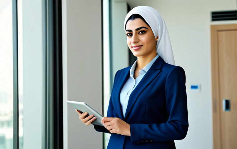 Modern Arab Businesswoman** "A confident Arab businesswoman in a tailored, modest business suit, standing in a bright, modern office in Dubai, United Arab Emirates, holding a tablet. Fully clothed, professional dress, safe for work, perfect anatomy, natural pose, professional photography, high quality." **