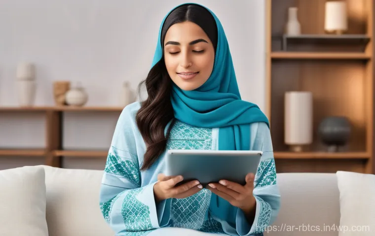 로봇 심리상담에서 필요한 데이터 보호 조치 - **Prompt:** A serene young Arab woman in a modern, sunlit living room, holding a sleek tablet. On th...