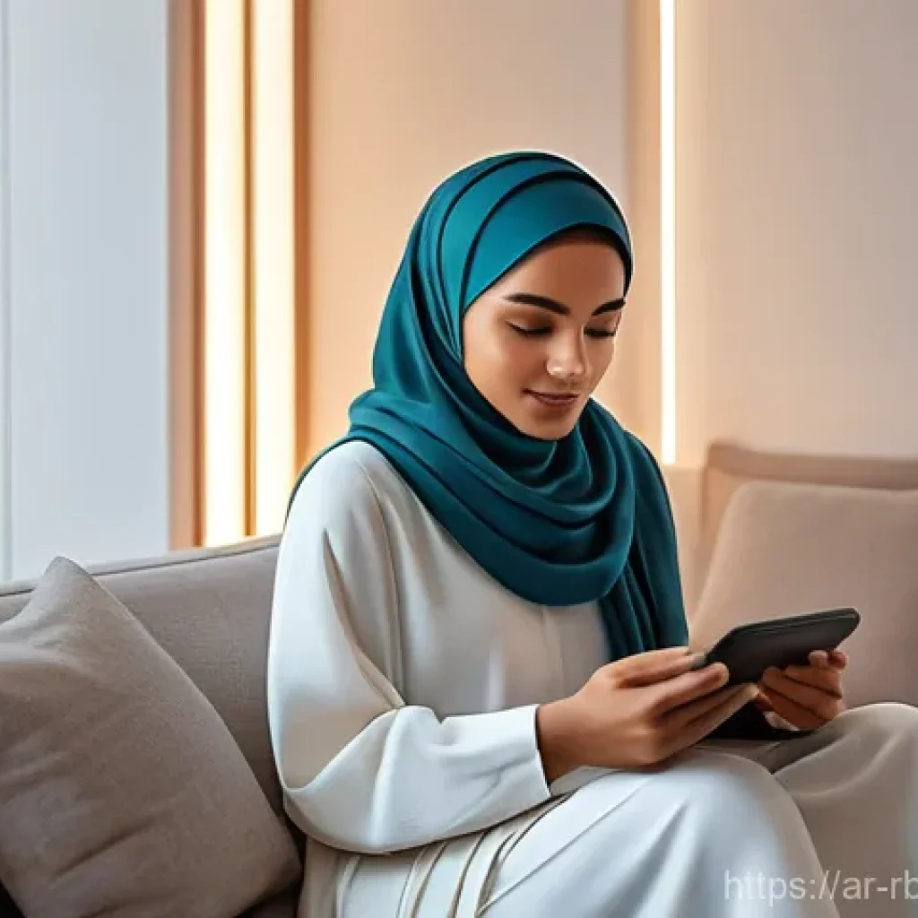 로봇 심리상담에서의 인간 로봇 상호작용 - **Prompt:** A serene and comforting image featuring a young woman of Arab descent, wearing a modern,...