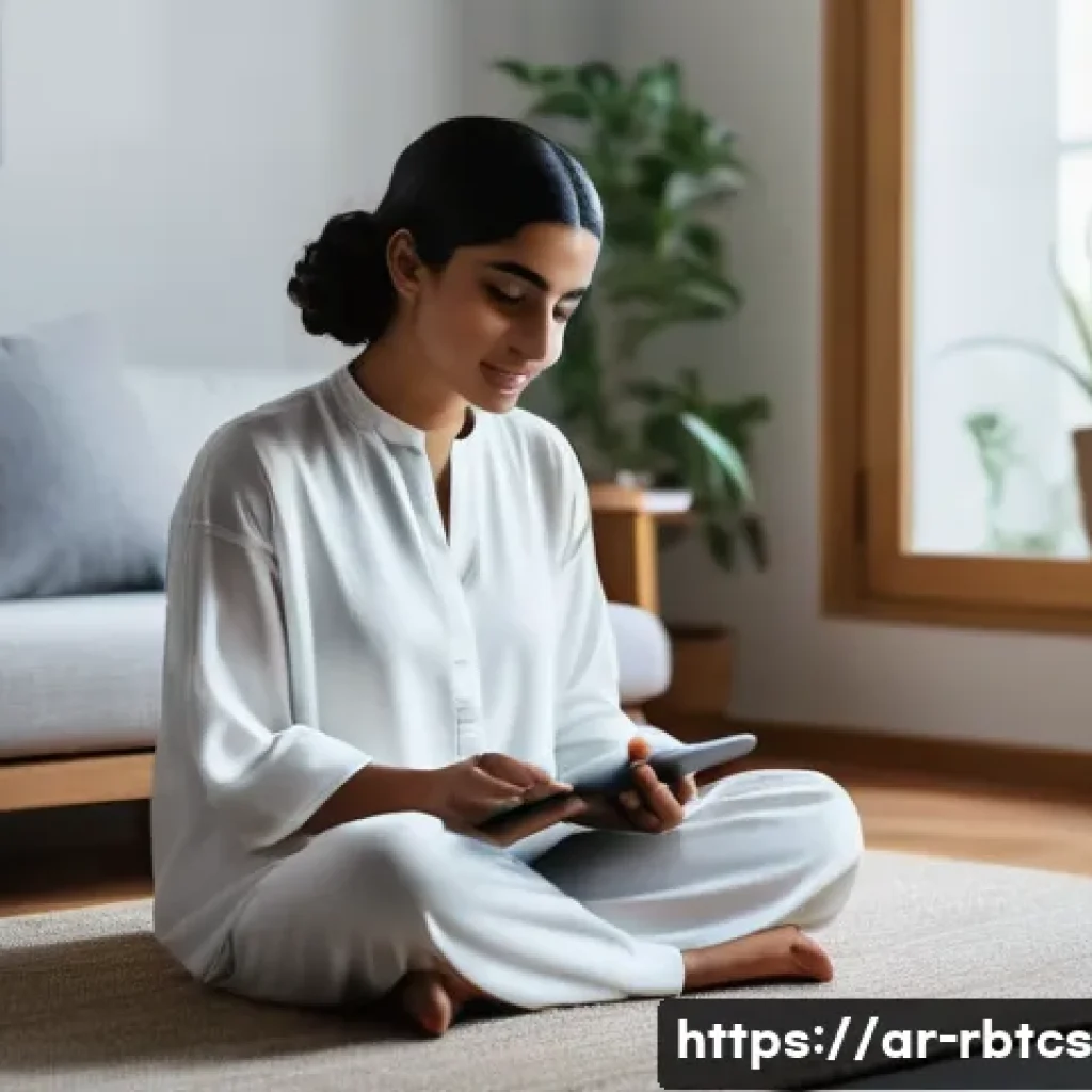 로봇 심리상담의 발전 방향 - **Prompt:** A serene image of a young Arab woman in her late 20s, wearing modest, comfortable lounge...