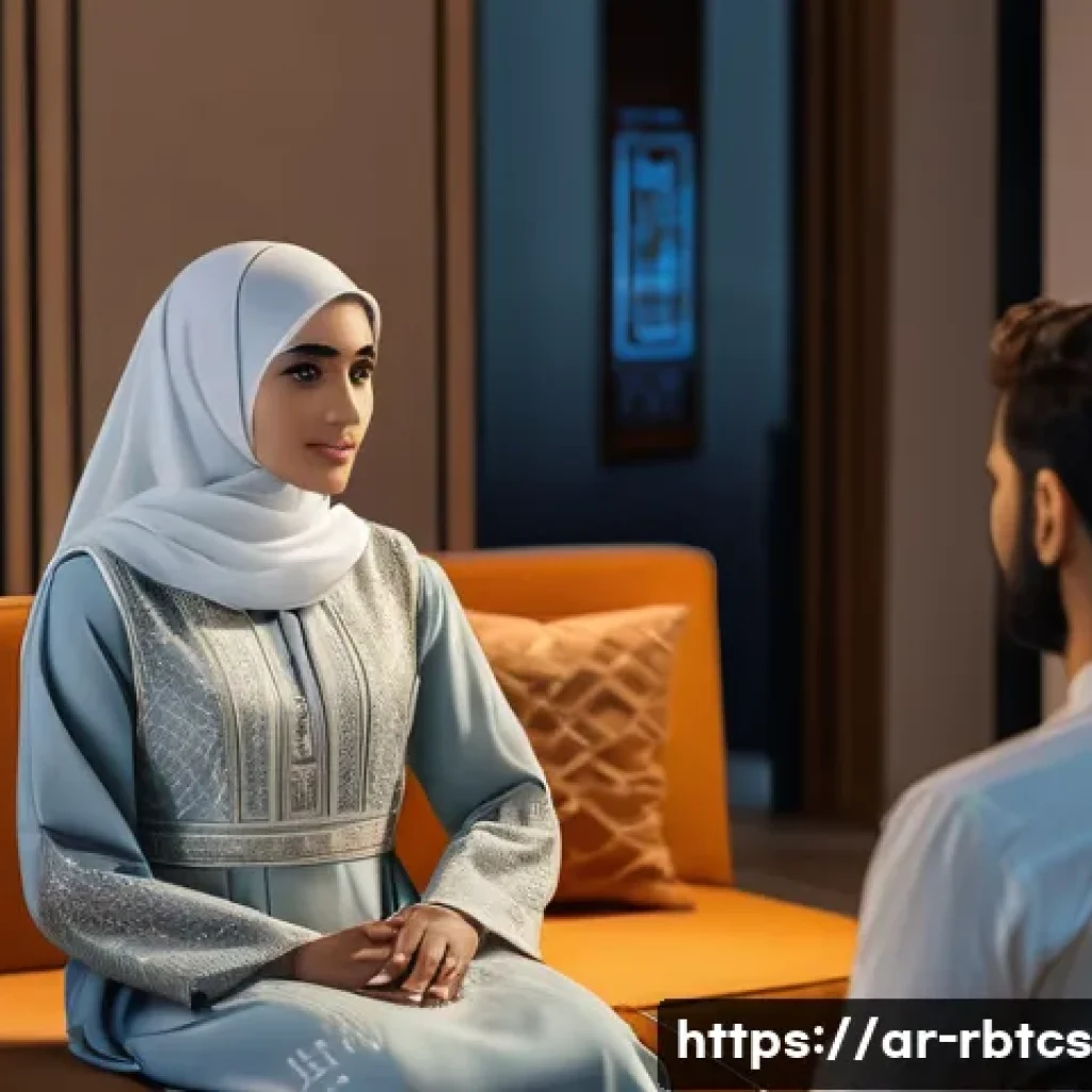 로봇 심리상담의 안전성과 윤리적 쟁점 - A modern Middle Eastern woman wearing modest professional attire, sitting in a cozy room decorated w...