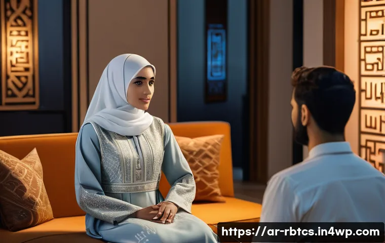 로봇 심리상담의 안전성과 윤리적 쟁점 - A modern Middle Eastern woman wearing modest professional attire, sitting in a cozy room decorated w...