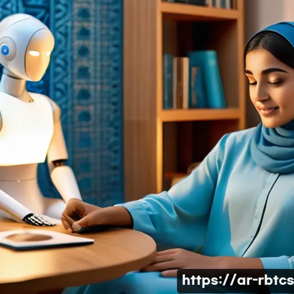 로봇 심리상담의 기계 학습 적용 - A warm and inviting scene of a Middle Eastern young adult woman wearing modest modern clothing, sitt...