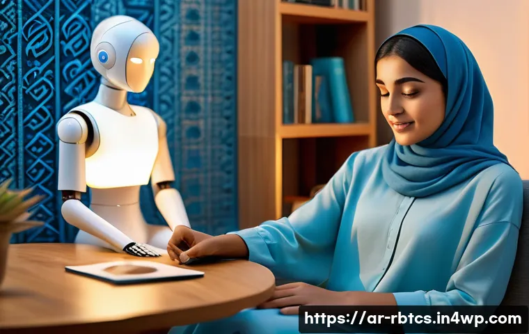 로봇 심리상담의 기계 학습 적용 - A warm and inviting scene of a Middle Eastern young adult woman wearing modest modern clothing, sitt...
