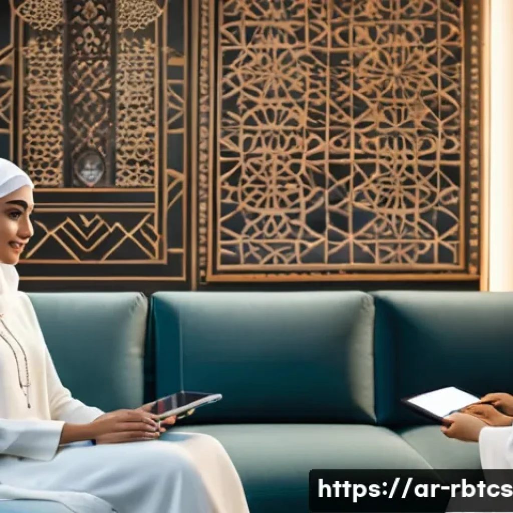 로봇 심리상담의 기술적 발전 방향 - A modern consultation room in a Middle Eastern setting, showing a diverse Arab adult woman sitting c...
