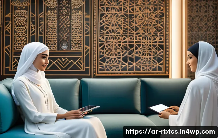 로봇 심리상담의 기술적 발전 방향 - A modern consultation room in a Middle Eastern setting, showing a diverse Arab adult woman sitting c...