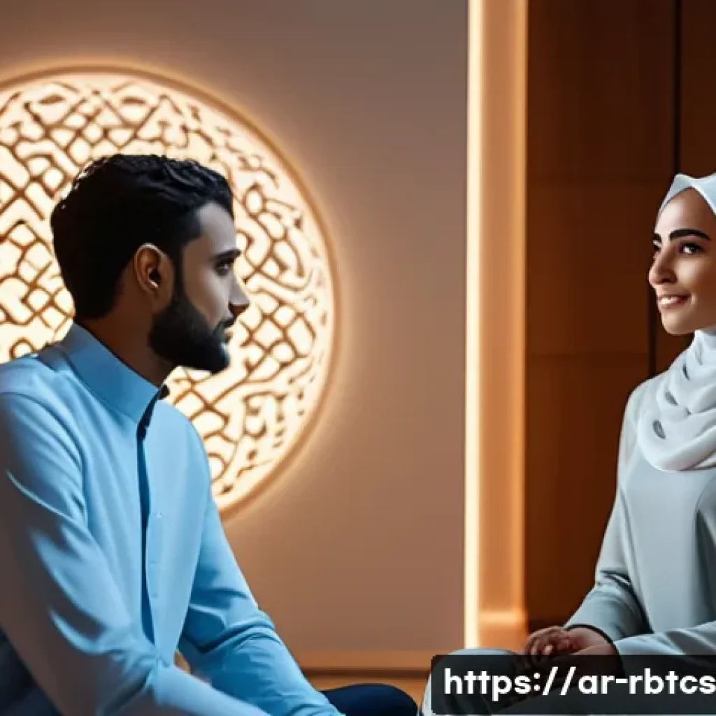 로봇 심리상담의 최신 기술 적용 사례 - A futuristic Arabic woman wearing modest, elegant clothing and a hijab, sitting comfortably in a mod...