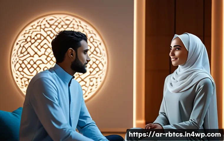 로봇 심리상담의 최신 기술 적용 사례 - A futuristic Arabic woman wearing modest, elegant clothing and a hijab, sitting comfortably in a mod...