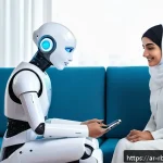 Home 22 로봇 심리상담의 심리적 안정화 기법 - A futuristic Arabic-speaking psychological support robot interacting with a Middle Eastern adult wom...