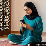 Home 20 로봇 심리상담의 기술적 접근 방식 - A serene Middle Eastern woman using a smartphone app for mental health support, sitting comfortably ...