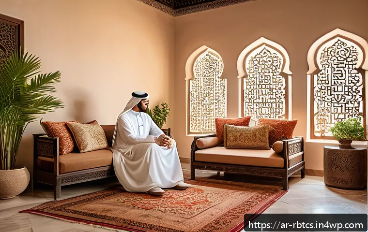 로봇 심리상담의 심리적 효과 분석 - A serene Middle Eastern living room setting with warm natural light filtering through traditional ma...