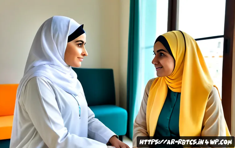 로봇 심리상담의 혁신적 치료 접근법 - Photorealistic mental health counseling session in a serene modern clinic in an Arab city, a compass...